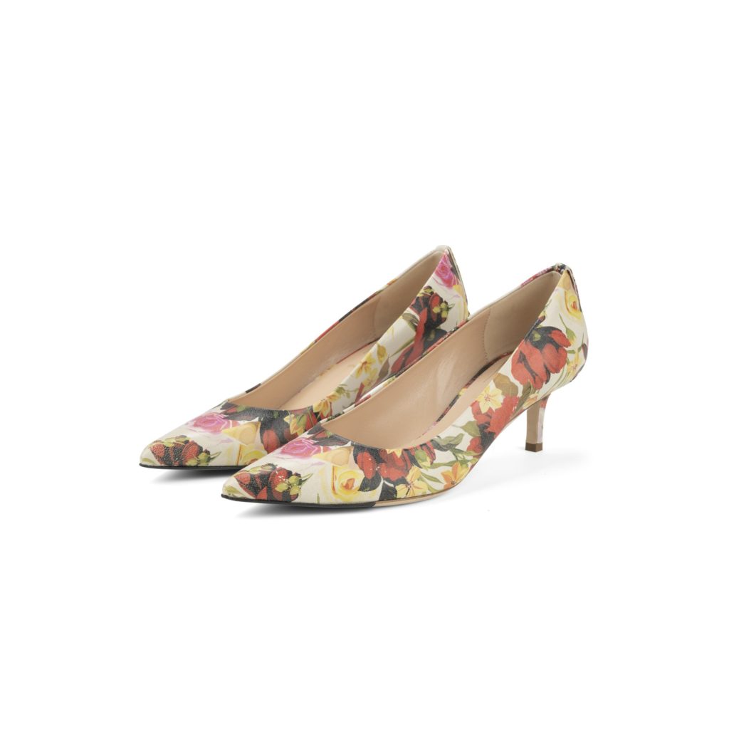 RAYNE FLORAL GOLD BUTTON LOW HEEL PUMP